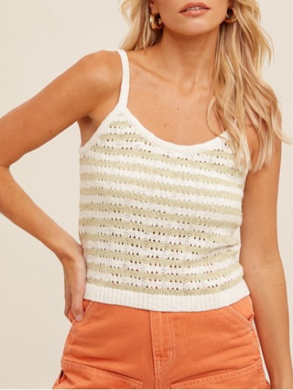 ☀️SALE☀️OPEN-STITCH STRIPED KNIT CAMI TANK TOP|SAGE